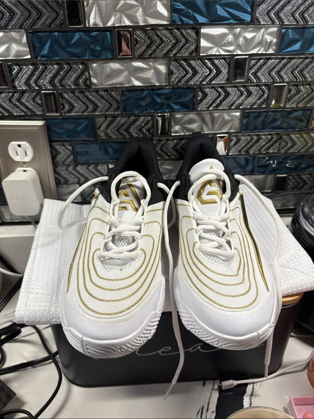 Nike Kids White Black Gold Sneakers
